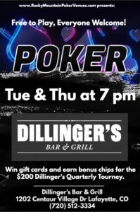 (Lafayette) Win bar gift cards and earn bonus chips for the $200 Dillinger's Bar Monthly Tournament - Rocky Mountain Poker Venues @ Dillinger's Bar & Grill | Lafayette | Colorado | United States